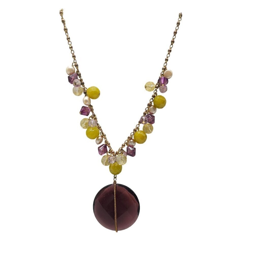 Beaded Necklace Yellow Purple Pearlescent Accents Large Faceted Burgundy Pendant